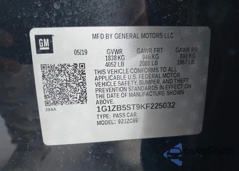 2019 Chevrolet Malibu 1Ls из США, поврежденный, VIN 1G1ZB5ST9KF225032